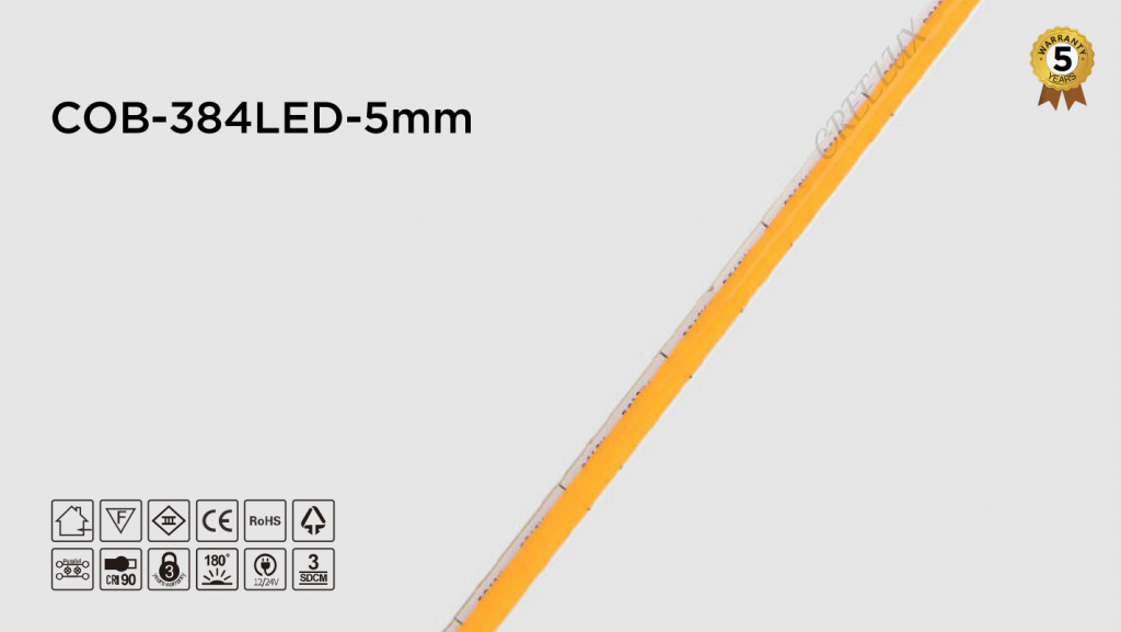 CREELUX- COB LED Light Strips 5MM 384Leds/M - 5 Years Warranty